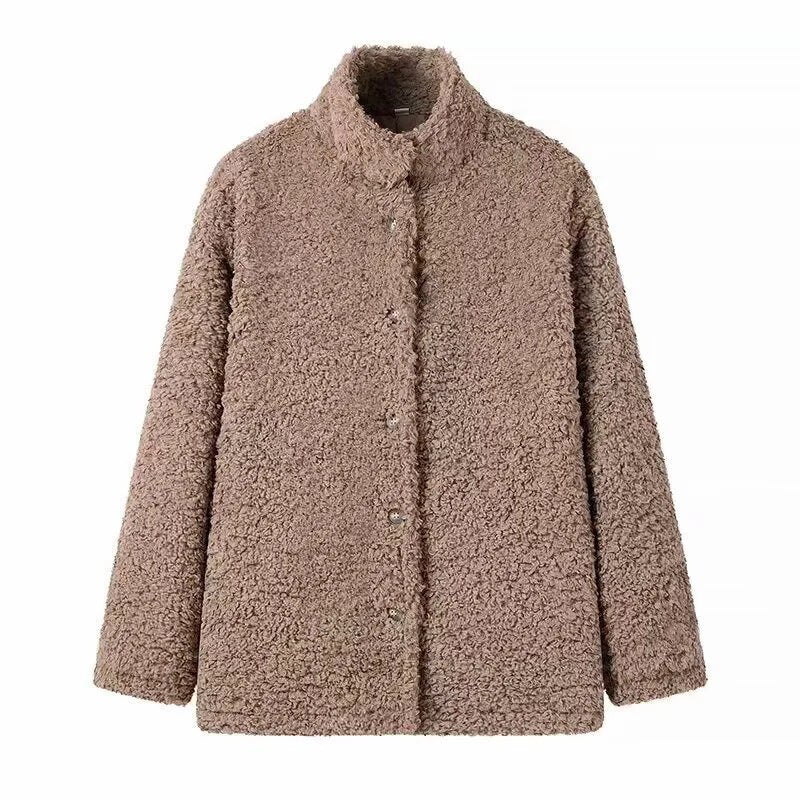 Damen kuschelige Fleecejacke mit hohen Kragen und Druckknopfverschluss Drune