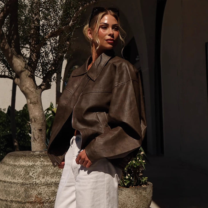 Damen Kunstlederjacke mit lässigem Oversized-Schnitt Drune