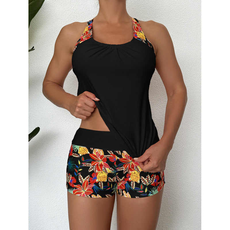 Damen Sportliches Badeanzug-Set mit Cross-Back-Design und Blumenmuster Drune