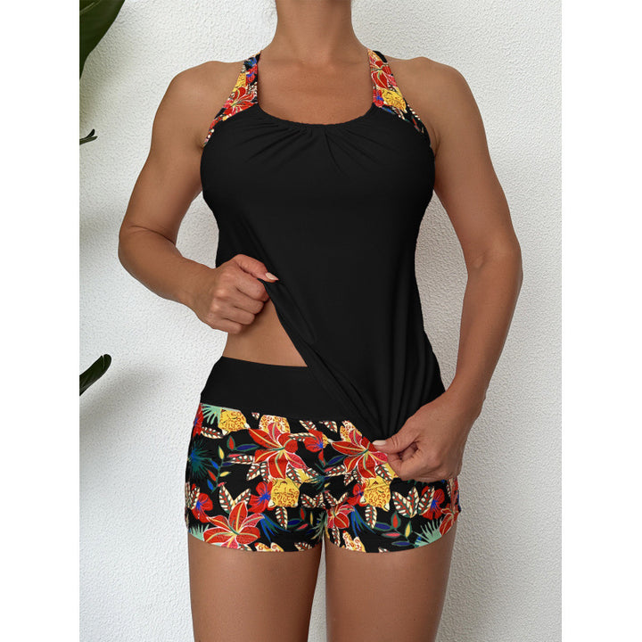 Damen Sportliches Badeanzug-Set mit Cross-Back-Design und Blumenmuster Drune