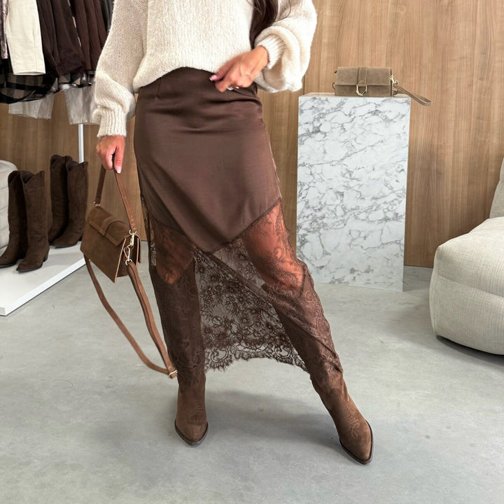 Damen asymmetrischer Spitzenrock mit Satinfutter Drune