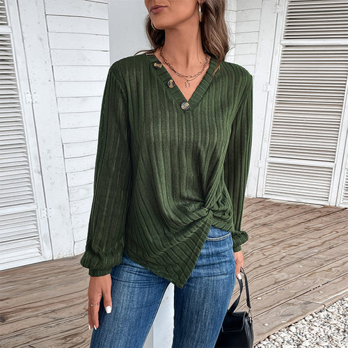 Damen modisches Langarmshirt mit V-Ausschnitt und dekorativen Knöpfen Drune