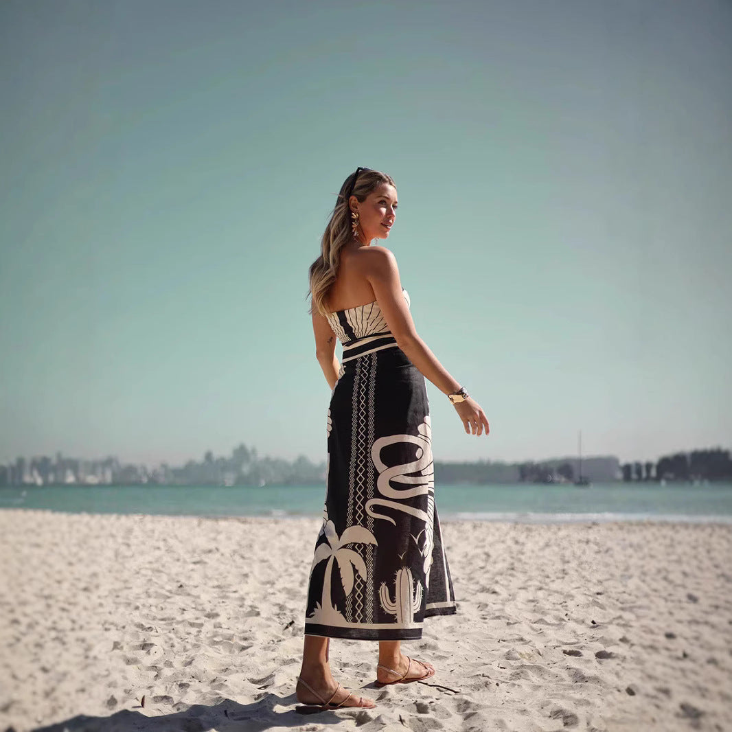 Damen Bandeau Maxikleid mit elegantem Blätterdruck und hoher Beinfreiheit Drune