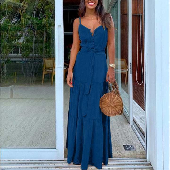 Damen Maxi-Kleid mit knöpfbarem Ausschnitt und Taillengürtel Drune
