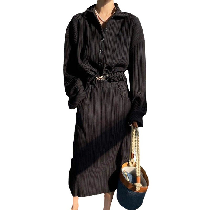 Damen Langarmhemdkleid mit taillierbarem Design und elegantem Strukturstoff Drune