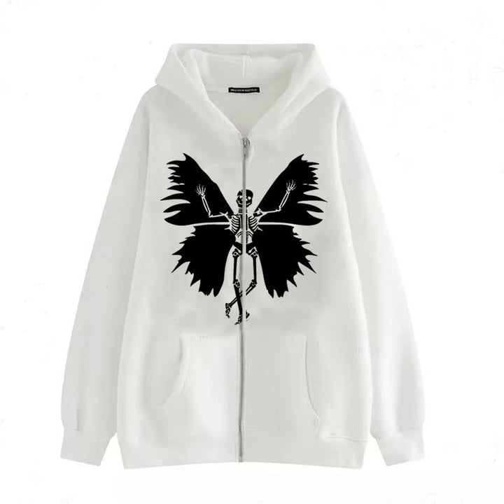 Damen Zip-Hoodie mit einzigartigem Skelett- und Schmetterlingsmotiv Drune