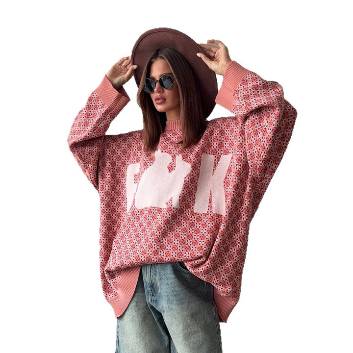 Damen Oversized Strickpullover mit kreativem Motiv Drune
