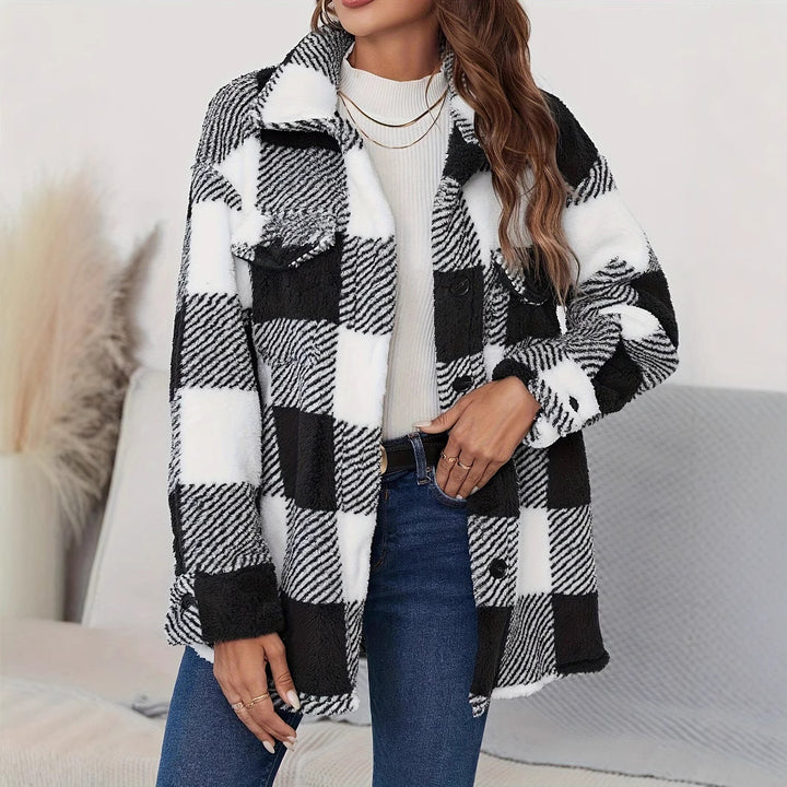 Damen Kurze Plüschjacke mit Karomuster und praktischen Taschen Drune