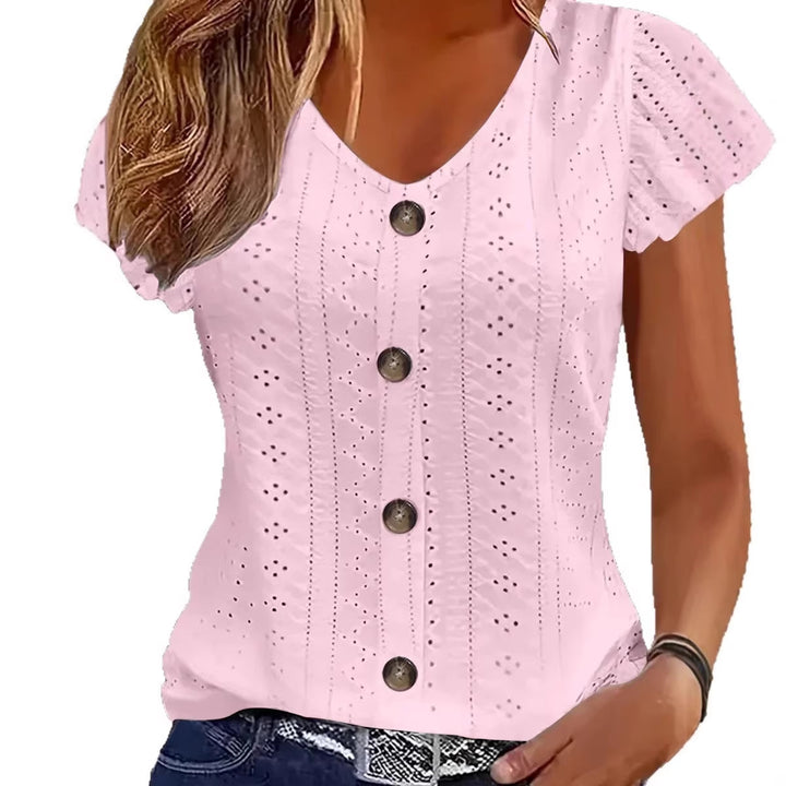 Damen luftige Bluse mit filigranem Lochmuster und Knopfdetails Drune