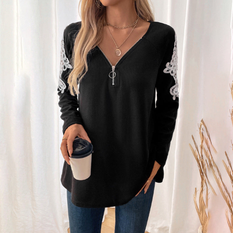 Damen elegantes Longsleeve mit Zip und Spitzenakzenten Drune
