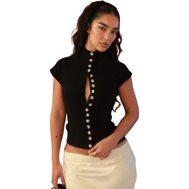 Damen Stehkragen Bluse mit Knopfleiste Drune