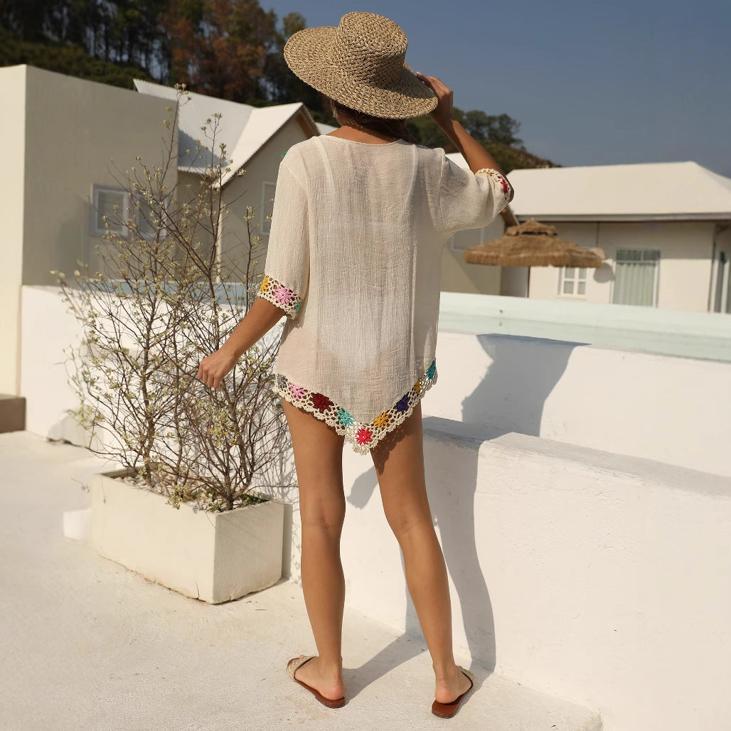 Damen luftiger Kaftan mit buntem Häkelmuster Drune