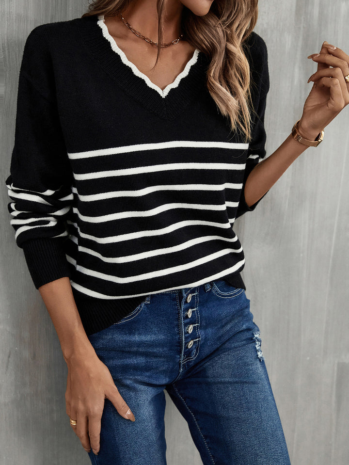 Damen modischer V-Pullover mit Streifenmuster Drune