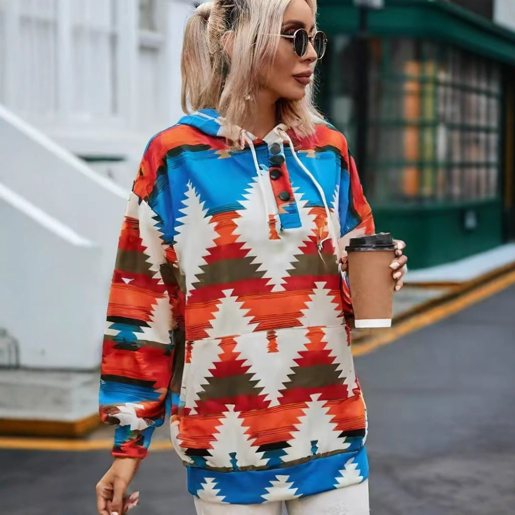 Damen Kapuzenpullover mit kreativem Farbmuster und praktischen Knöpfen Drune