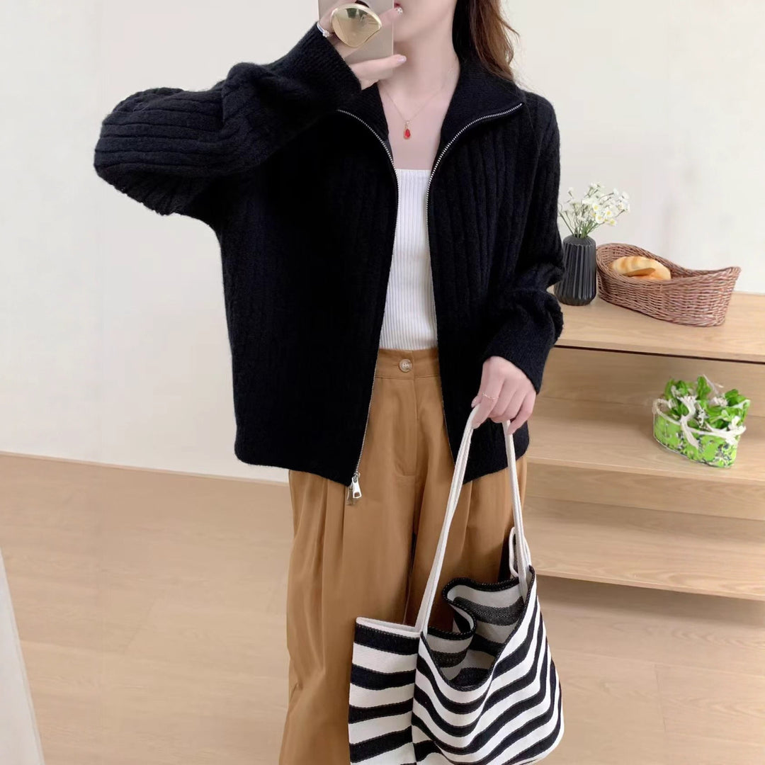 Damen Strickjacke mit modernem Zipper und dekorativem Kabelmuster Drune