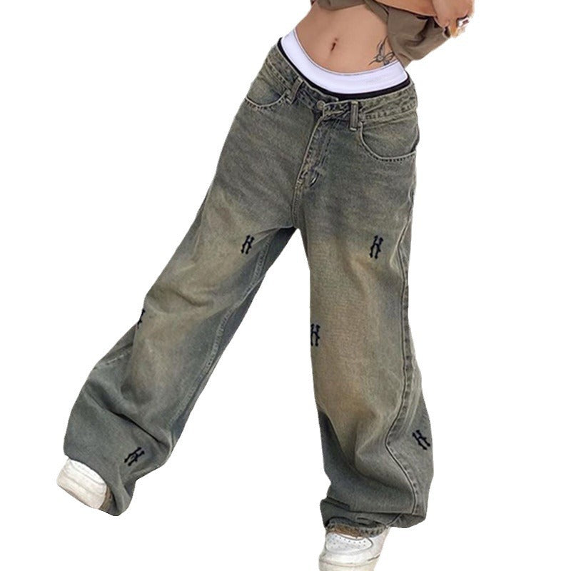 Damen nan hochtaillierte weite Denim-Jeans mit geradem Bein, Five-Pocket und Ton-in-Ton Stickerei Drune