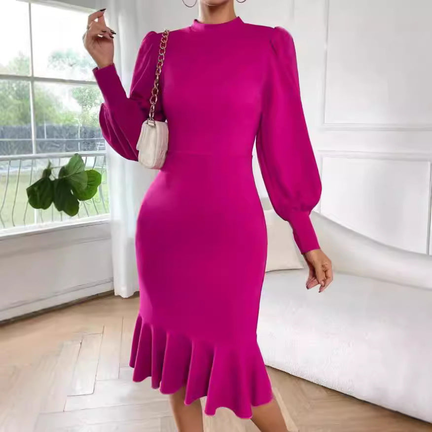 Damen nan tailliertes Pencil-Midikleid mit Stehkragen, ballonärmeln und Glockenvolant Drune