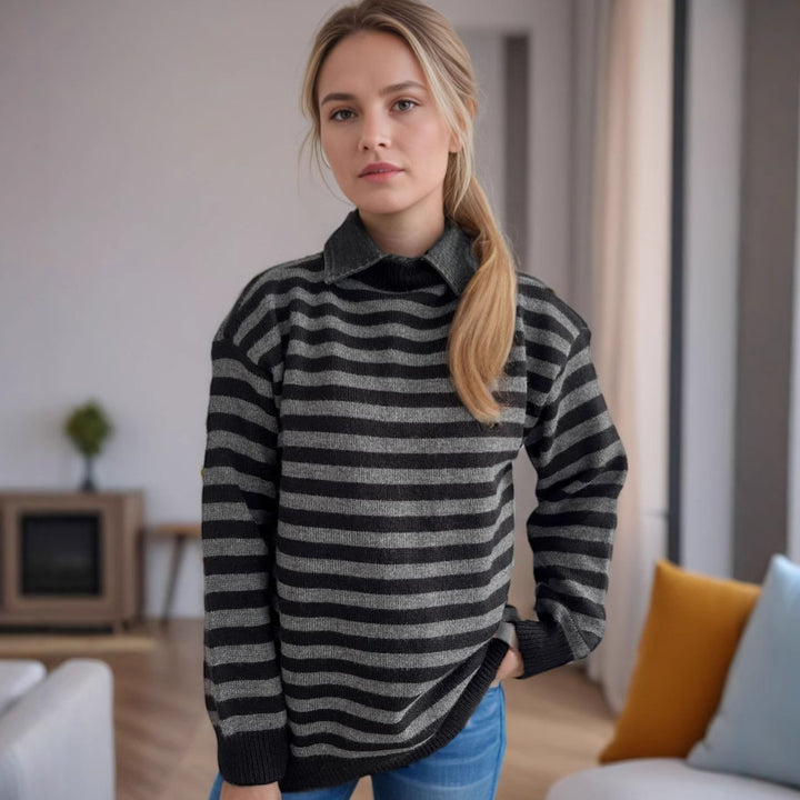 Damen lässiger Pullover mit strukturellem Streifenmuster und modischem Kragen Drune