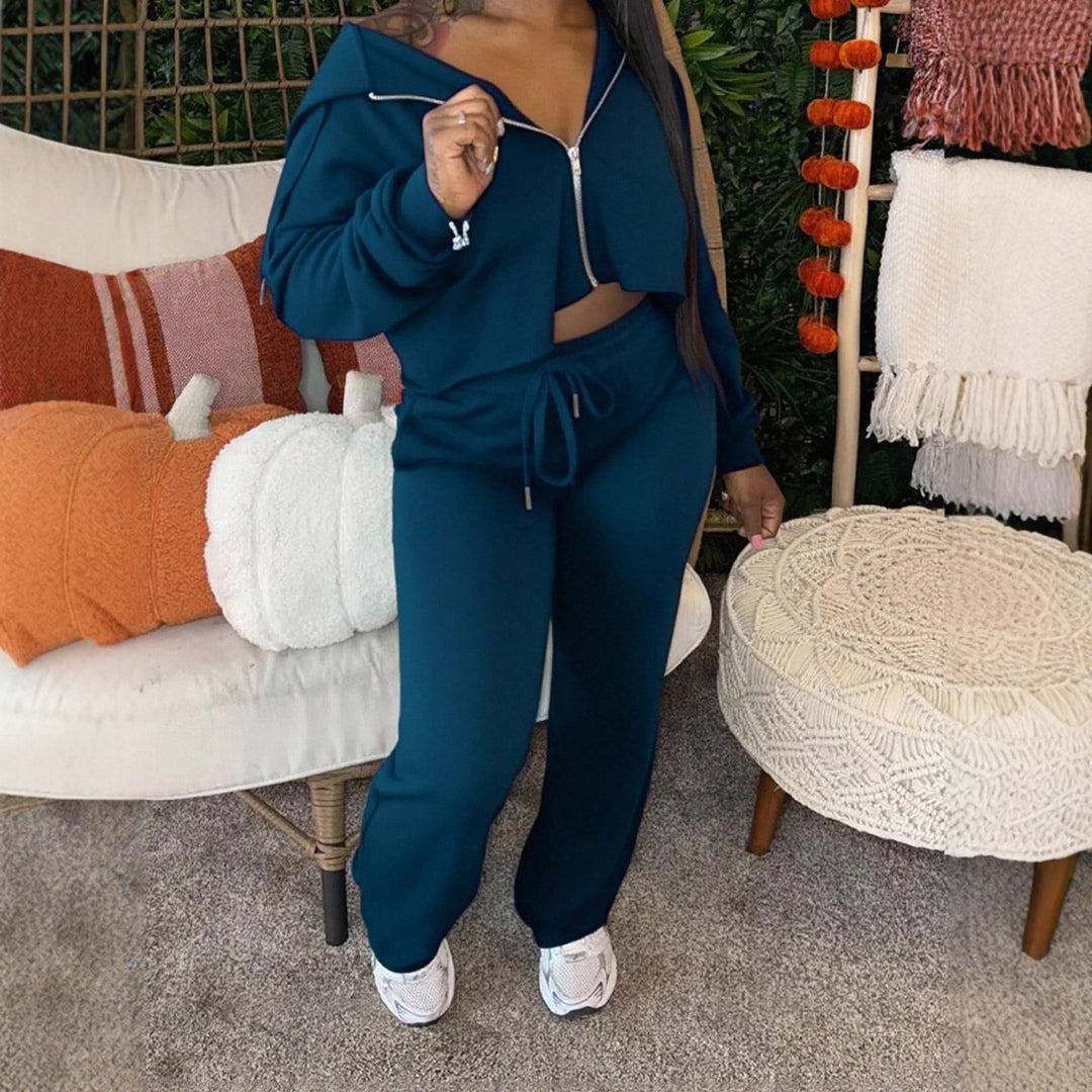 Damen lässiges Set mit cropped Zip-Pullover und bequemen Jogginghosen Drune