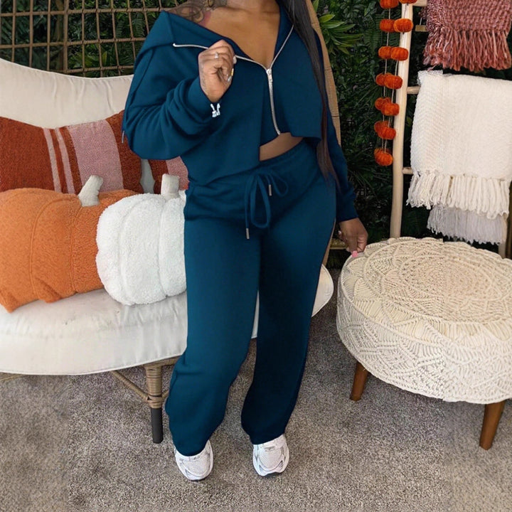 Damen lässiges Set mit cropped Zip-Pullover und bequemen Jogginghosen Drune