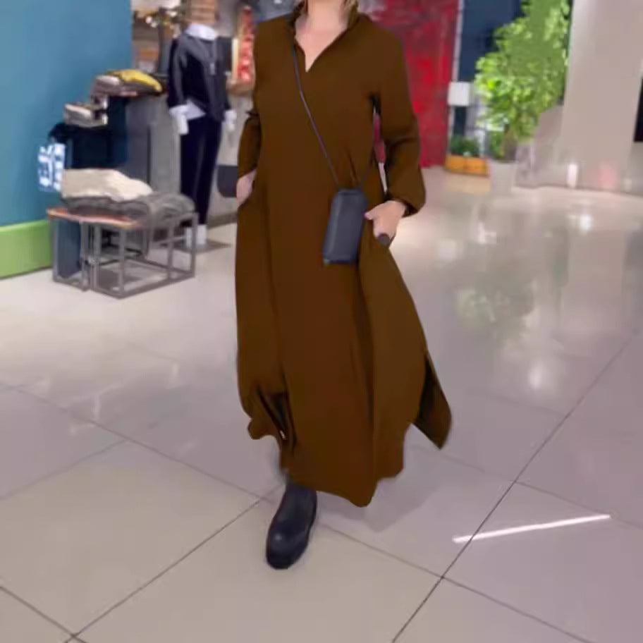 Damen nan fließendes Maxikleid mit V-Ausschnitt, kastiger A-Linie und langen Ärmeln Drune
