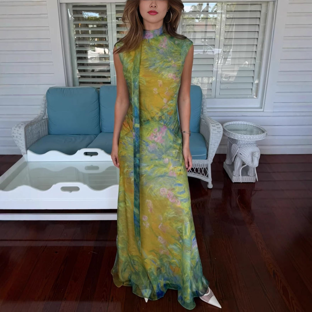 Damen Langes Kleid mit floralem Design und hochgeschlossenem Kragen Drune