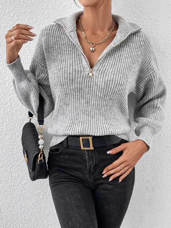 Damen Kuscheliger Strickpullover mit elegantem Stehkragen und Reißverschluss Drune