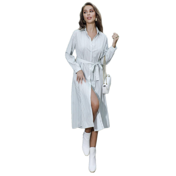 Damen Hemdkleid mit gestreiftem Design und Taillengürtel Drune