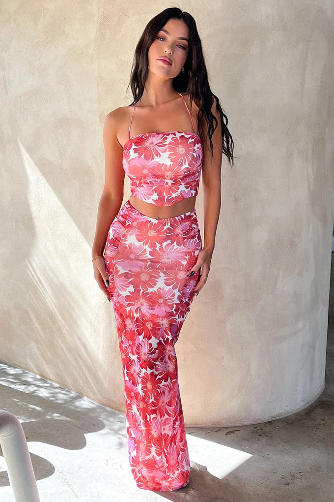 Damen Elegantes Crop-Top und Maxirock-Set mit floralem Design Drune