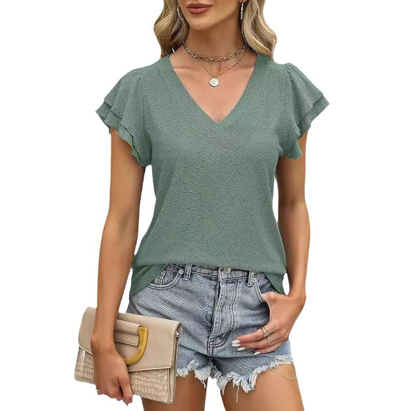 Damen modisches V-Ausschnitt-Shirt mit Rüschendetails Drune