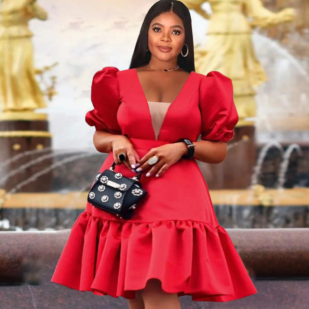Damen elegantes Wickelkleid mit voluminösen Puffärmeln und Rüschensaum Drune