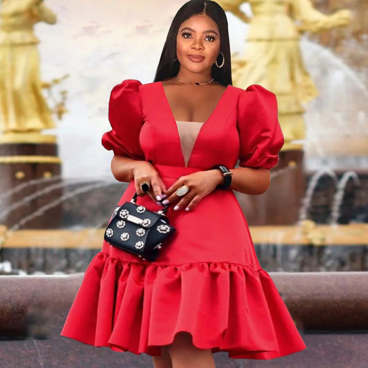 Damen elegantes Fit-and-Flare Kleid mit Puffärmeln Drune
