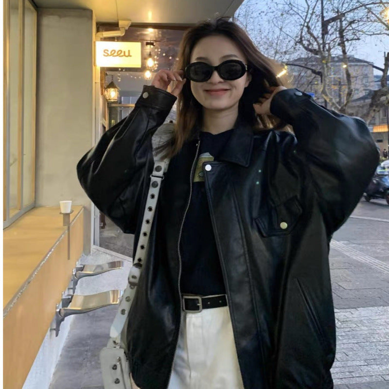 Damen Lederjacke im Oversized-Stil mit modischen Details Drune
