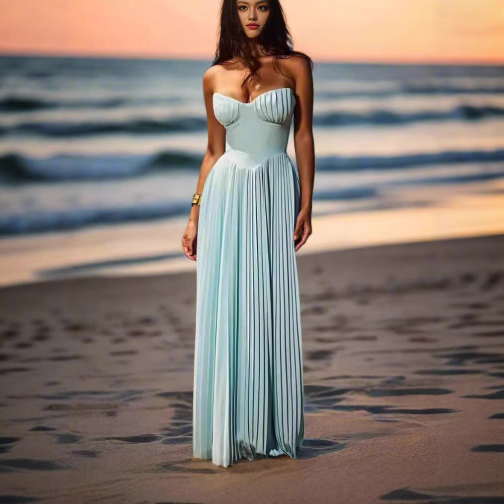 Damen Plisseekleid mit tiefem Herzausschnitt und fließendem Rock Drune