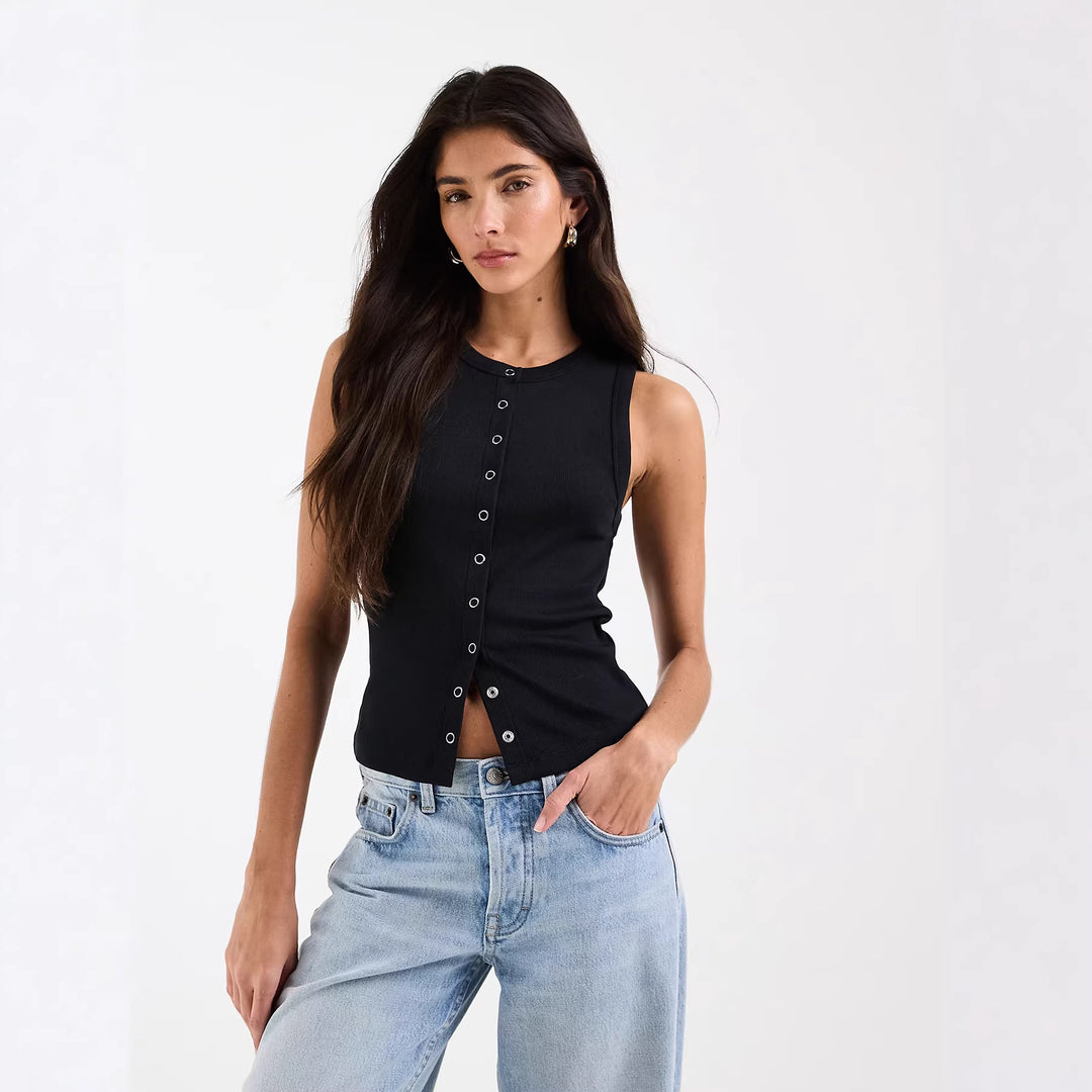 Damen Ärmelloses Rippenshirt mit durchgehender Knopfleiste Drune