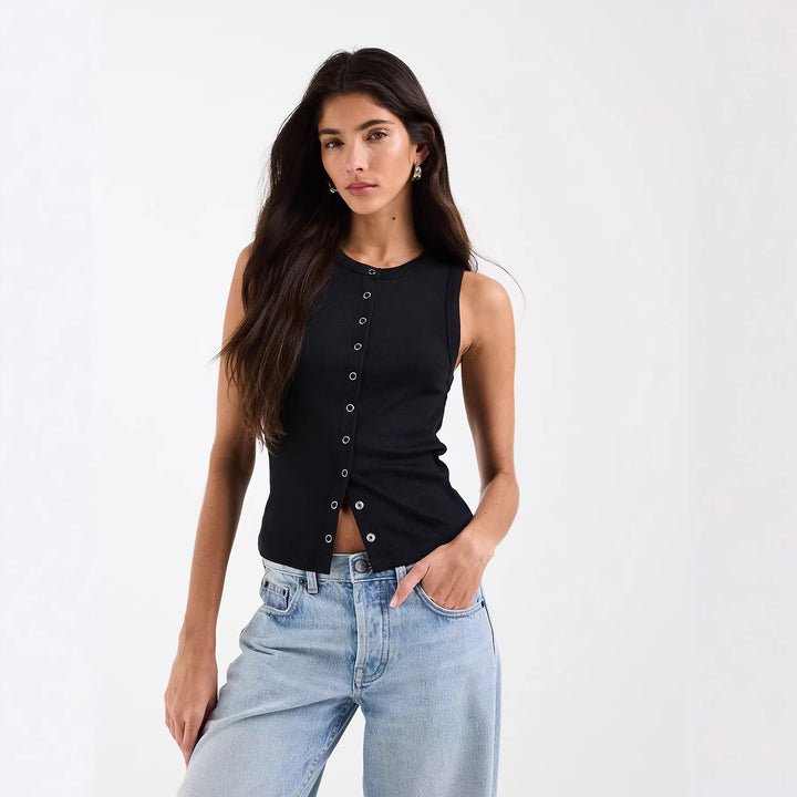 Damen Ärmelloses Rippenshirt mit durchgehender Knopfleiste Drune