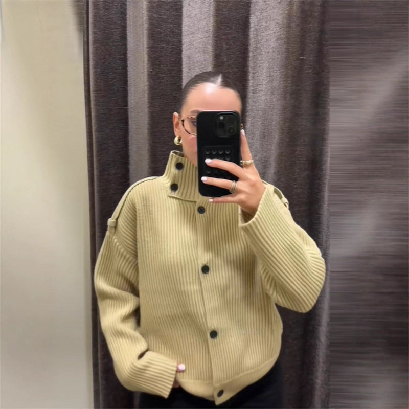 Damen Oversized Strickjacke mit hochschließendem Kragen Drune