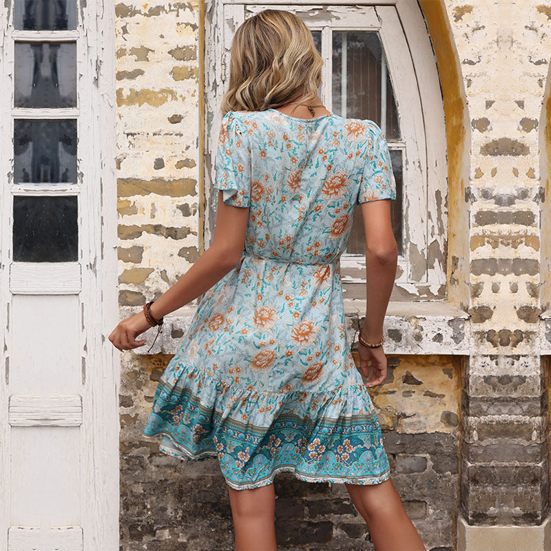 Damen Lockere Wickelkleid mit floralem Design und Rüschensaum Drune