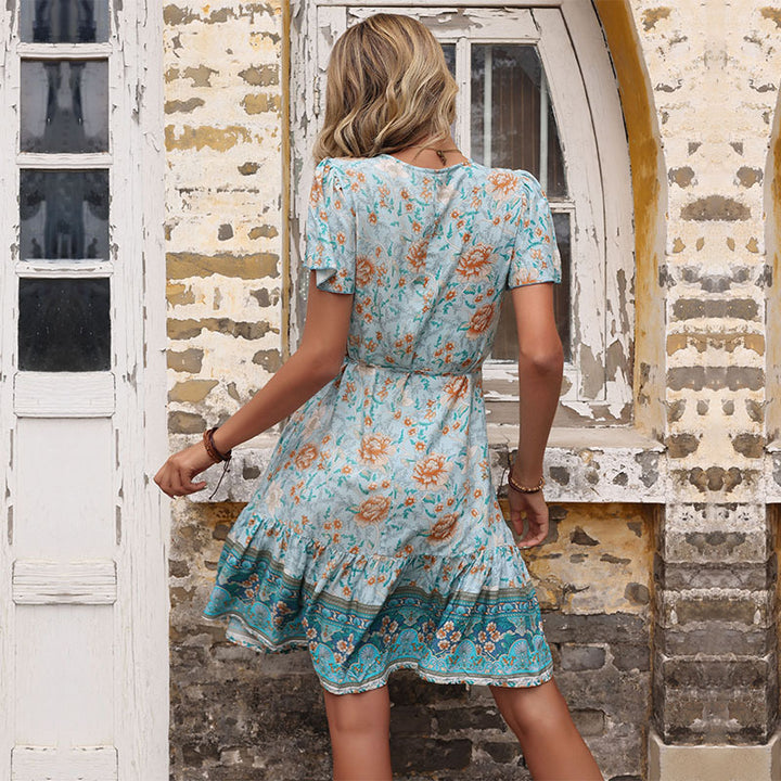 Damen Lockere Wickelkleid mit floralem Design und Rüschensaum Drune