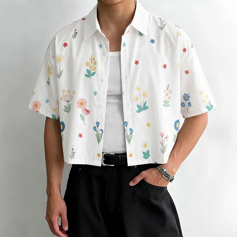 Damen nan kastig geschnittene Kurzarm-Hemdbluse mit floralem Allover-Print, Hemdkragen und kurzem Saum Drune
