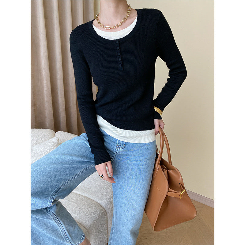 Damen lässiges Langarm-Henley-Pullover mit feiner Rippstruktur Drune