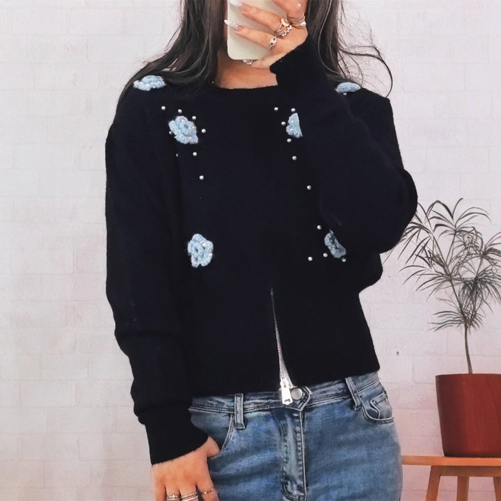 Damen Strickpullover mit floralen Applikationen und glänzenden Perlen Drune