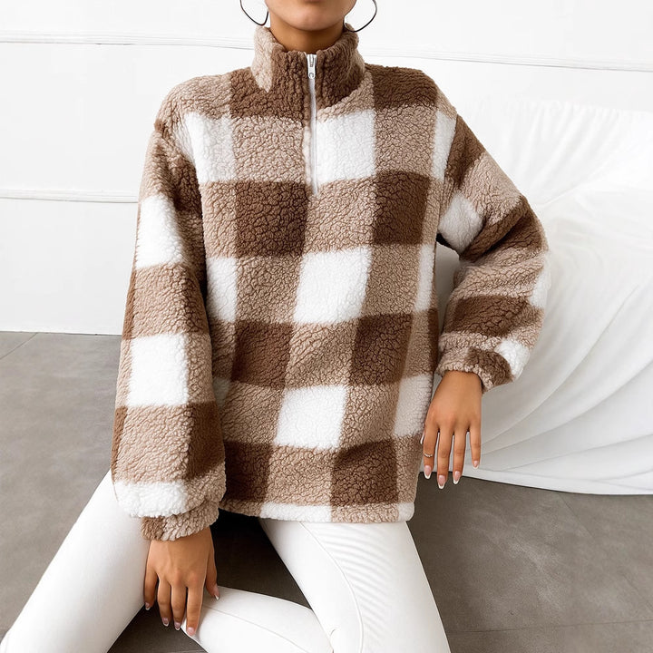 Damen nan kariertes Teddy-Fleece Pullover mit Stehkragen und halbhohem Reißverschluss Drune
