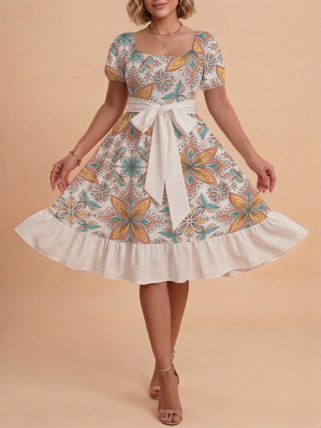 Damen modernes Blumenkleid mit elegantem Taillengürtel und asymmetrischem Saum Drune