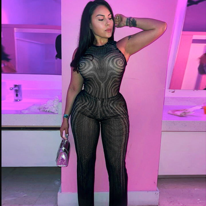 Damen Eleganter Mesh Jumpsuit mit Racerback und figurbetonter Silhouette Drune