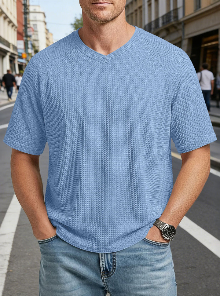 Herren nan lässiges V-Ausschnitt Waffelstrick-T-Shirt aus atmungsaktivem Baumwollmix Drune