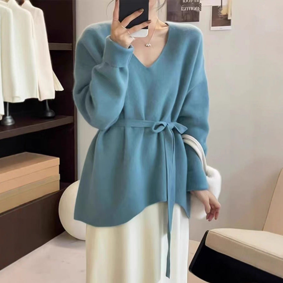 Damen Strickjacke mit elegantem V-Ausschnitt und Taillengürtel Drune