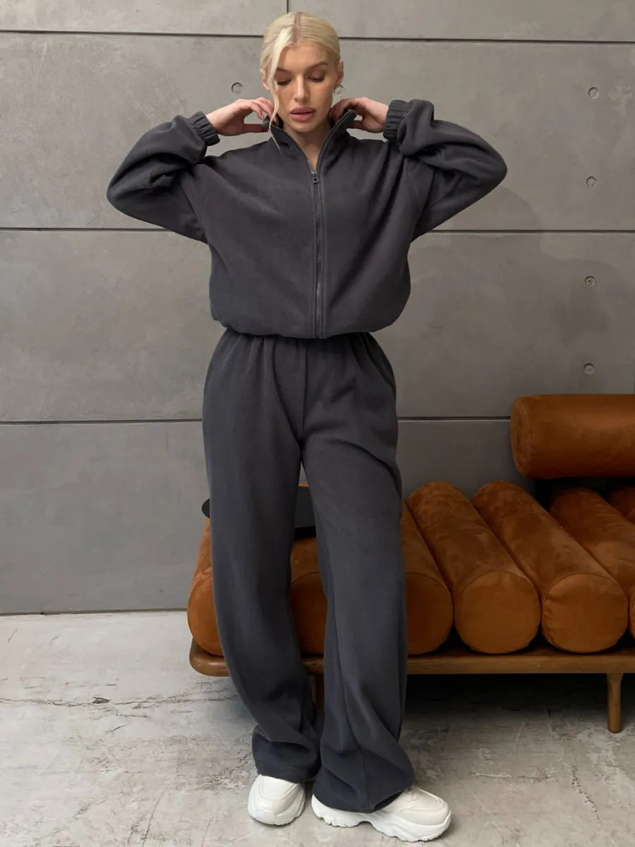Damen Elegantes Fleece-Trainingsset mit hohem Kragen und weitem Bein Drune