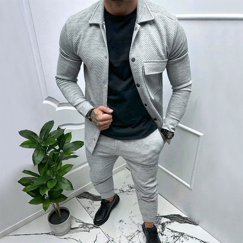 Herren nan feinstrukturiertes Hemdjacke- und Jogginghose-Set aus Sweat mit schmaler Passform Drune