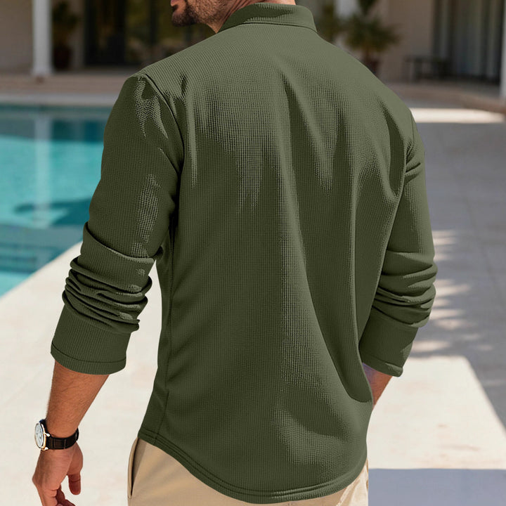 Herren nan strukturiertes Langarm-Henley mit Nehru-Kragen und Ton-in-Ton-Knopfleiste Drune